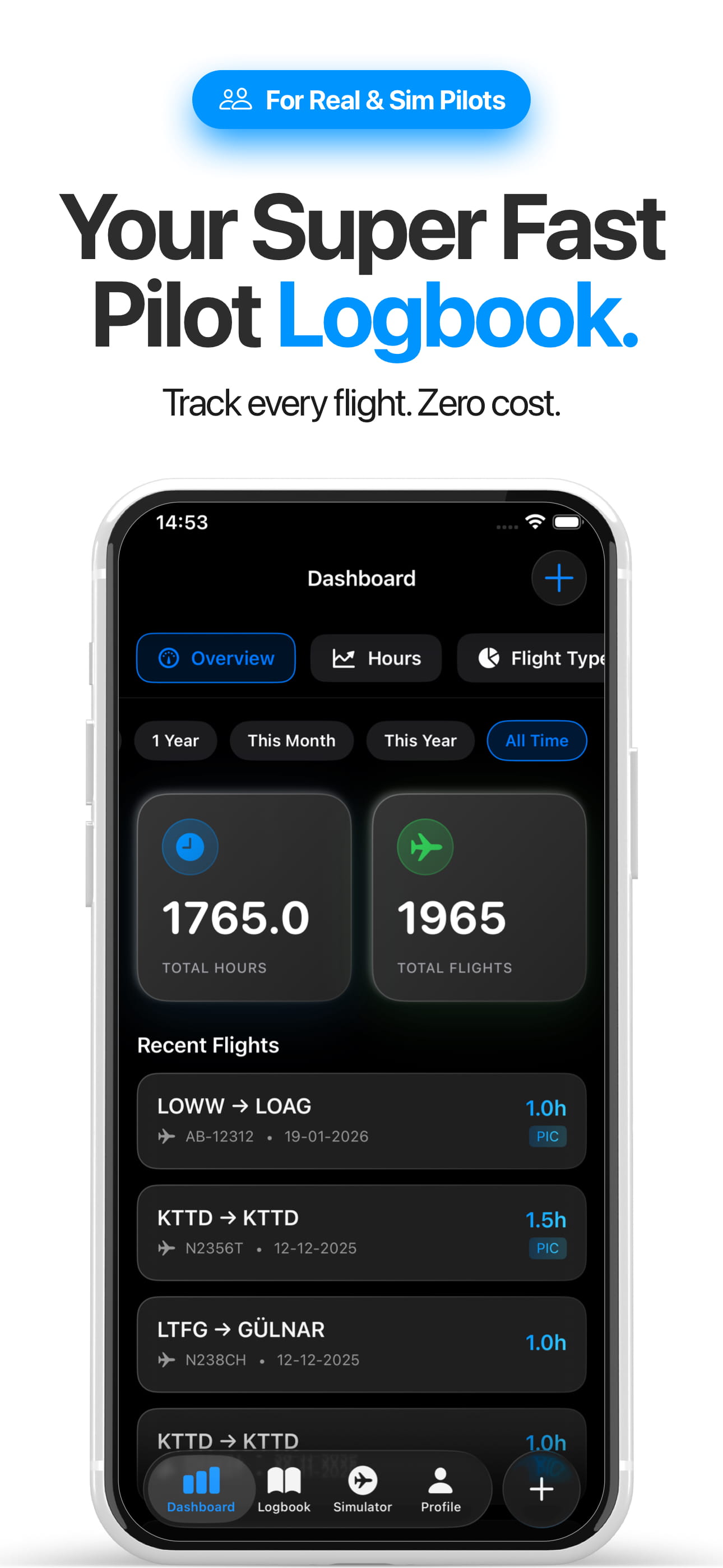 PilotLinked Dashboard with flight statistics