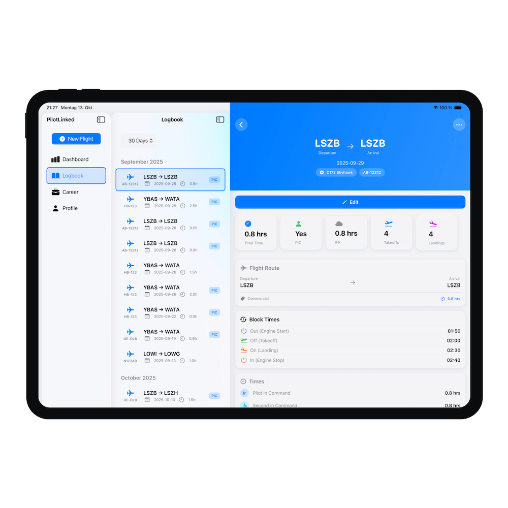 PilotLinked iOS App on iPad