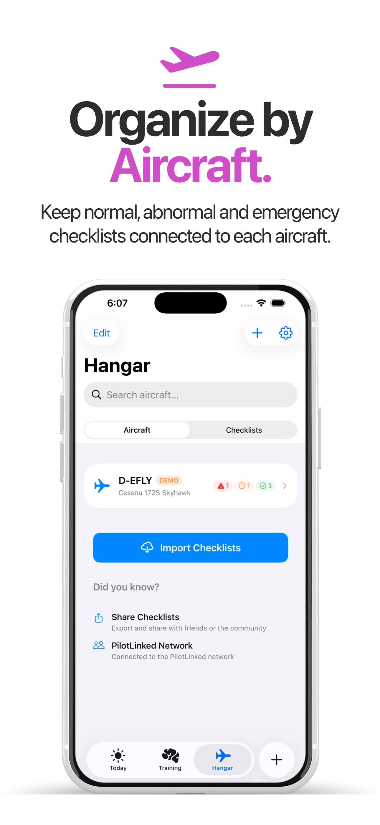 PilotCheck aircraft selection screen