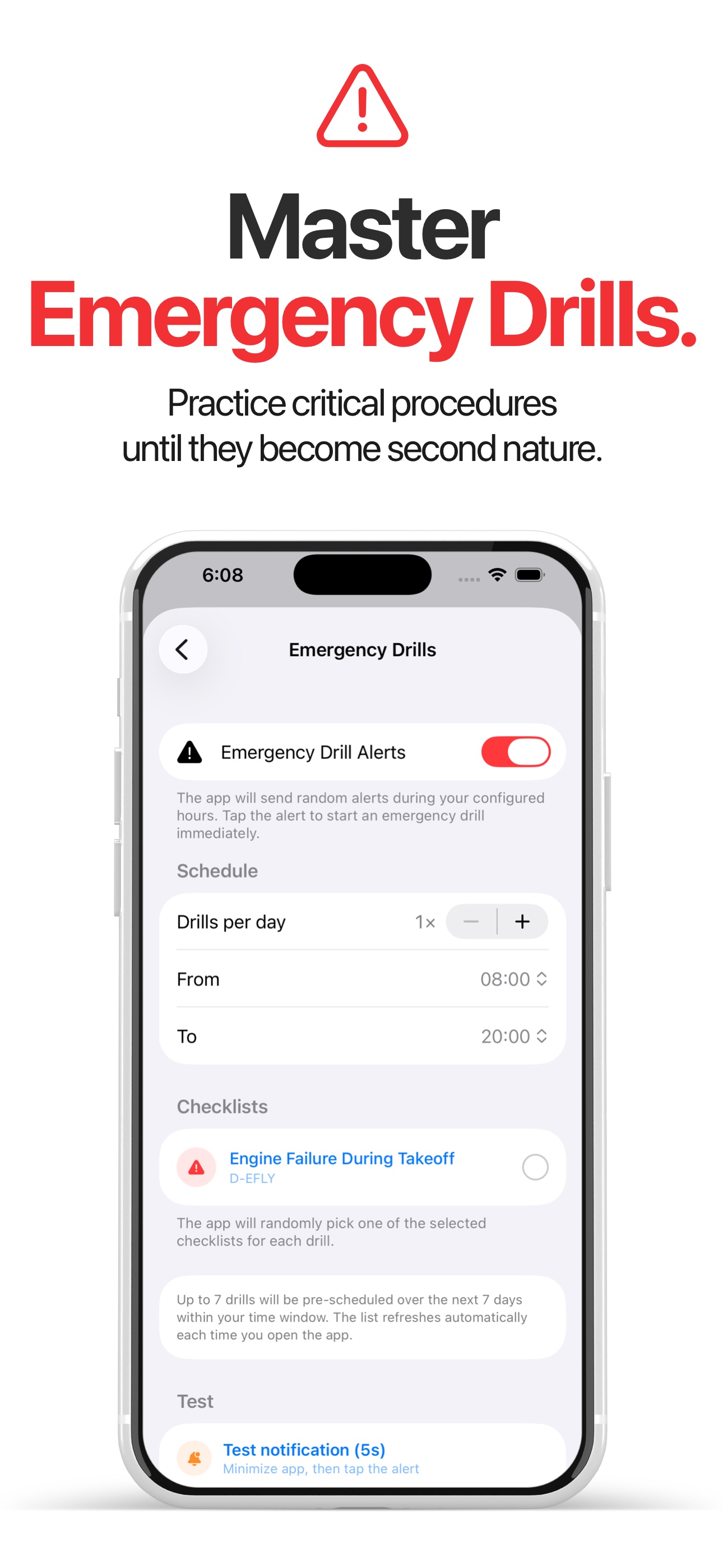 PilotCheck emergency drill screen
