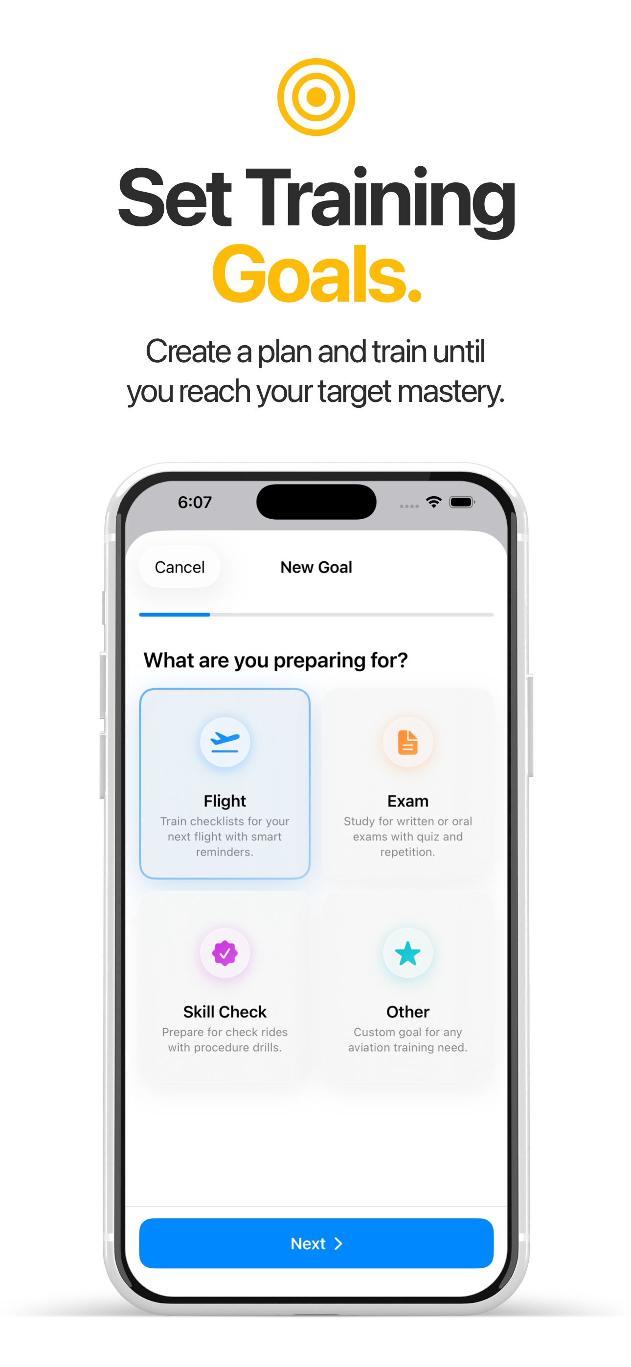 PilotCheck goals and progress screen